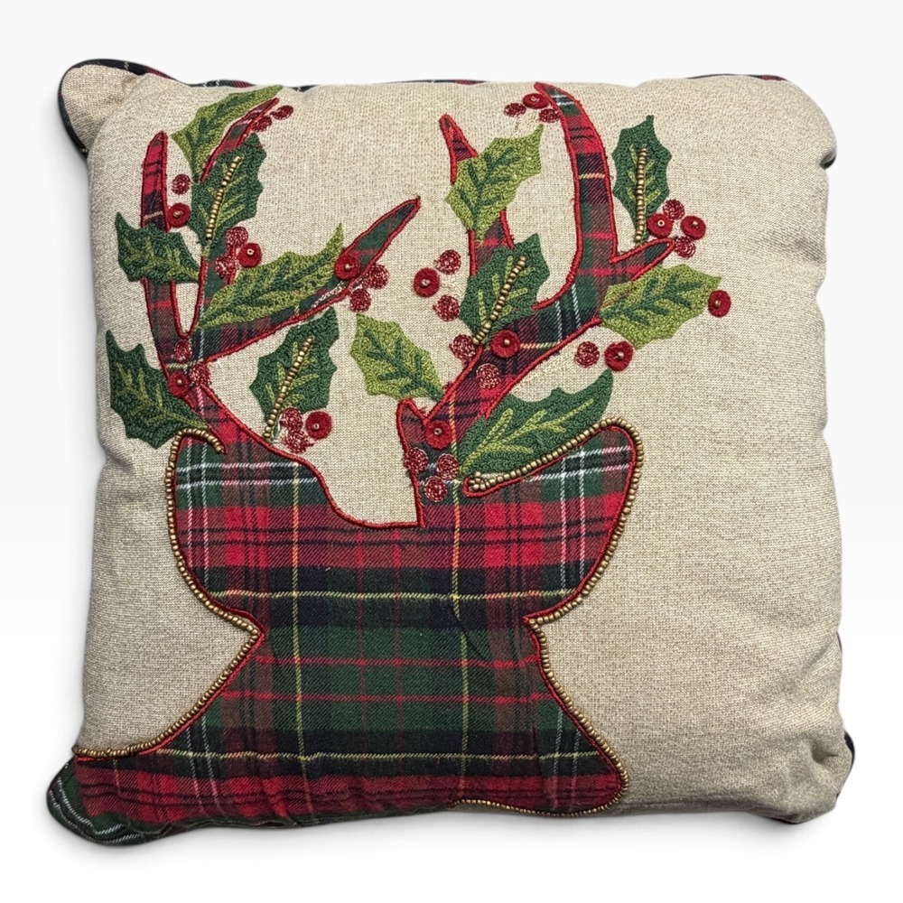 Pier 1 Imports Reindeer Plaid Embroidered Christmas Throw Pillow 16x16 Rustic